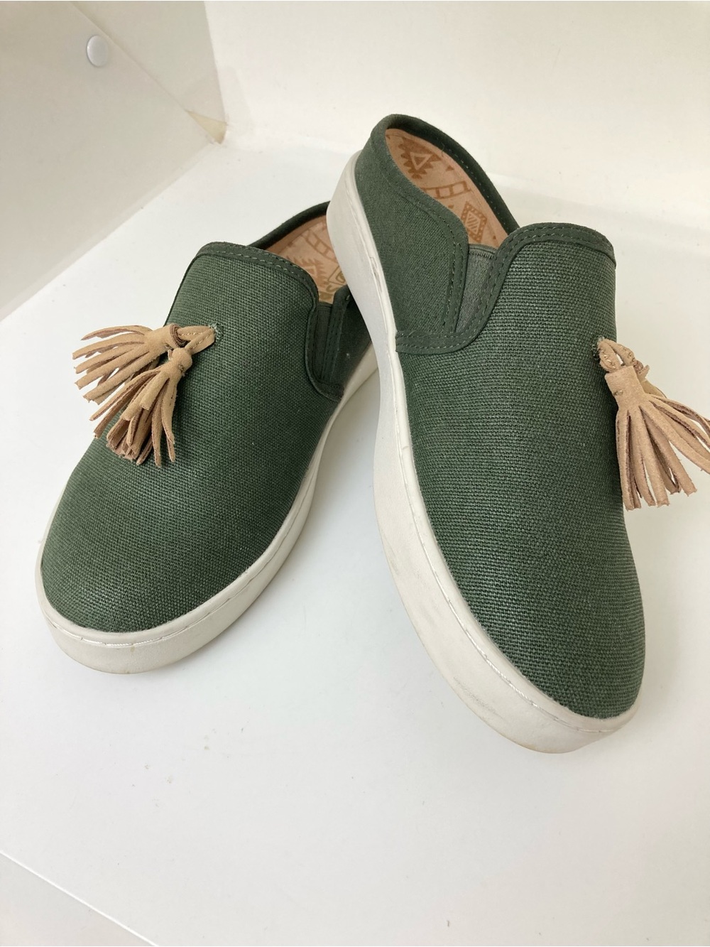 Spenco Celine Orthotic Canvas Tassel Slide Mules Olive Green Shoes